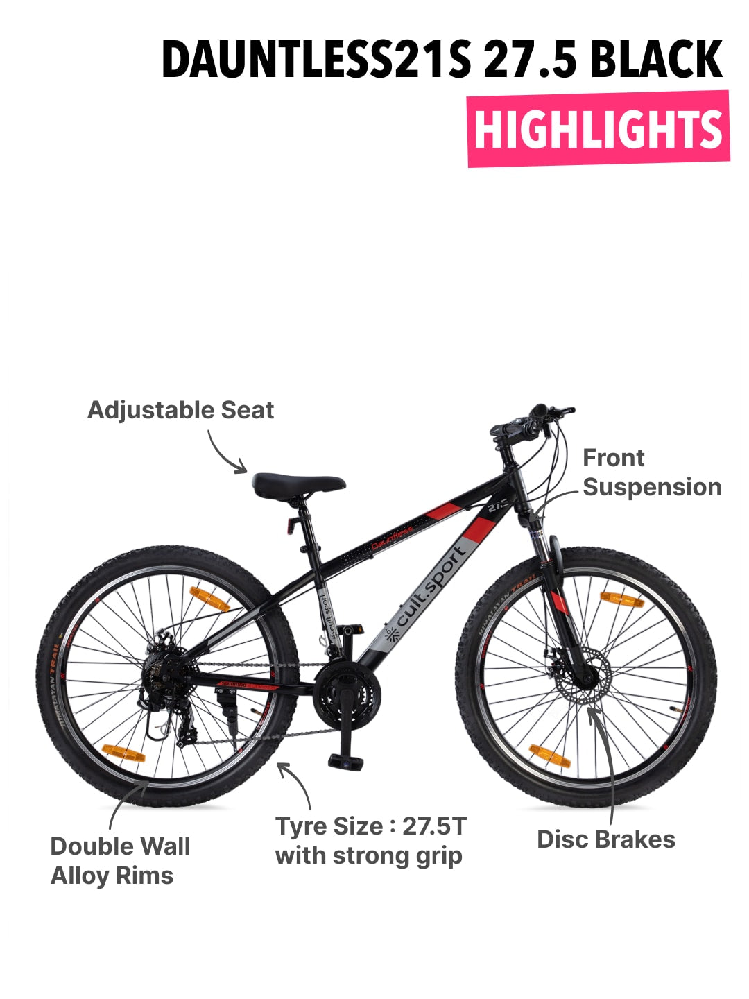 DAUNTLESS21S27.5TBLACK Steel 21 Speed Shimano Gear 27.5 inch Mountain Cycle, Dual Disc Brake, Front Suspension and Double Wall Rim