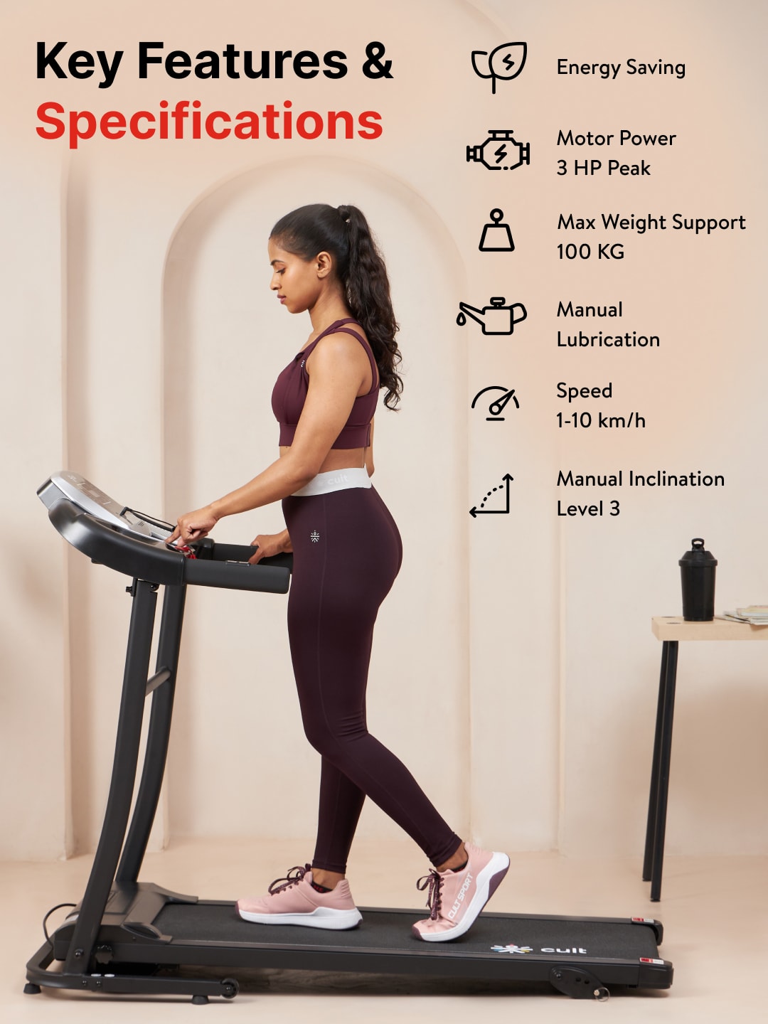 Cultrun S3.0 3HP Peak Treadmill | 3-level Manual-Incline | Max Weight-100kg | Max Speed-10kmph (with 6 months extended warranty)