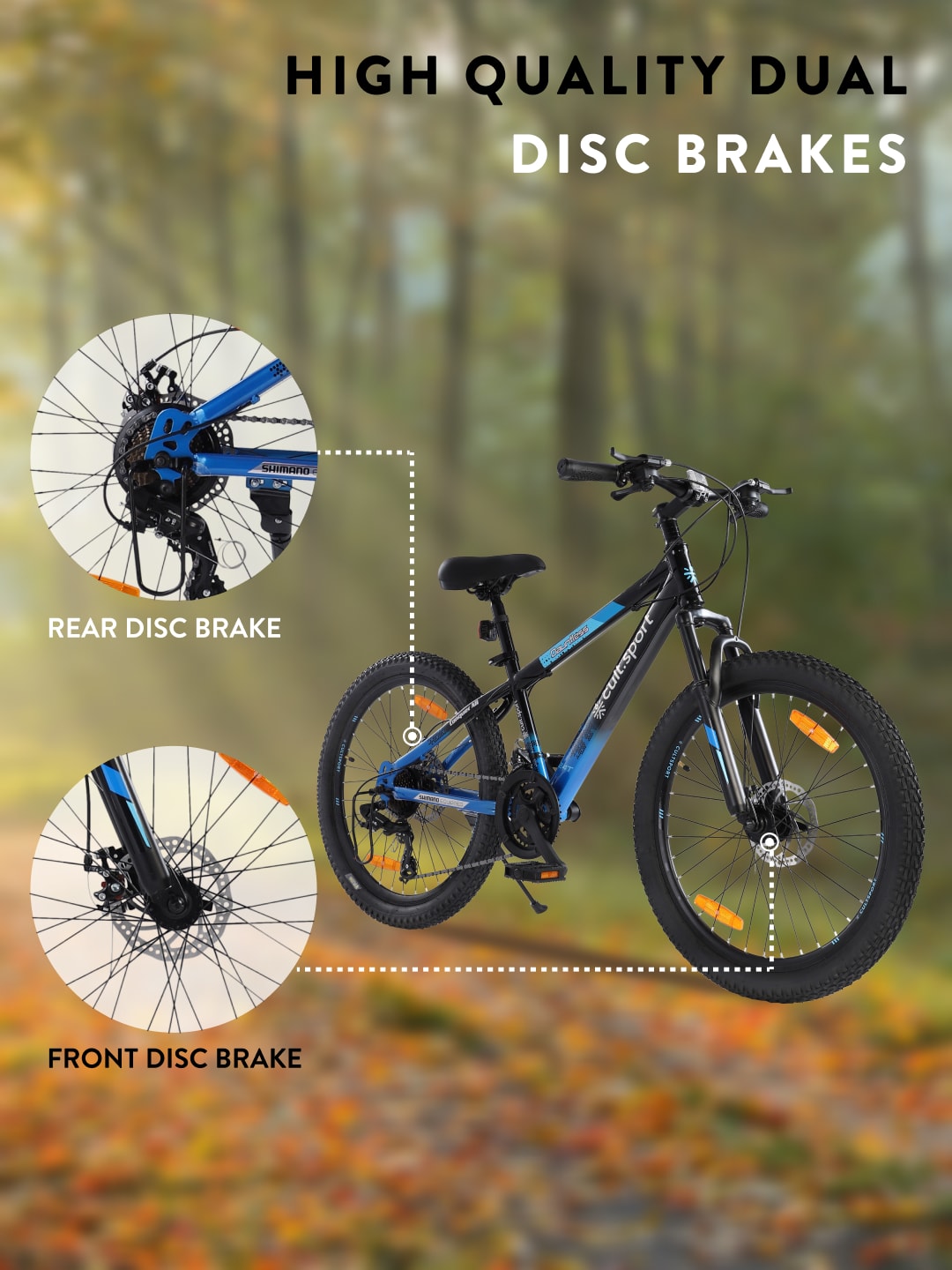 Dauntless 24T Steel Mountain Bike – 21 Speed Shimano Gear, Dual Disc Brake, Front Suspension (Black/Blue)
