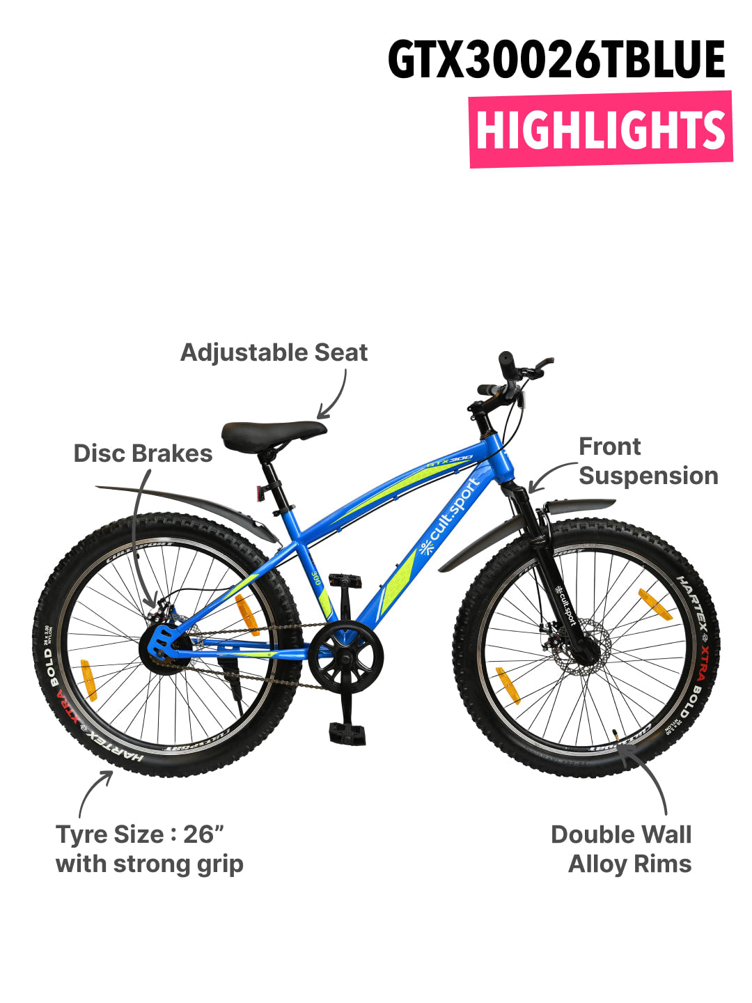GTX30026TBLUE Steel Single Speed 26 inch Mountain Cycle, Front Suspension and Double Wall Rim