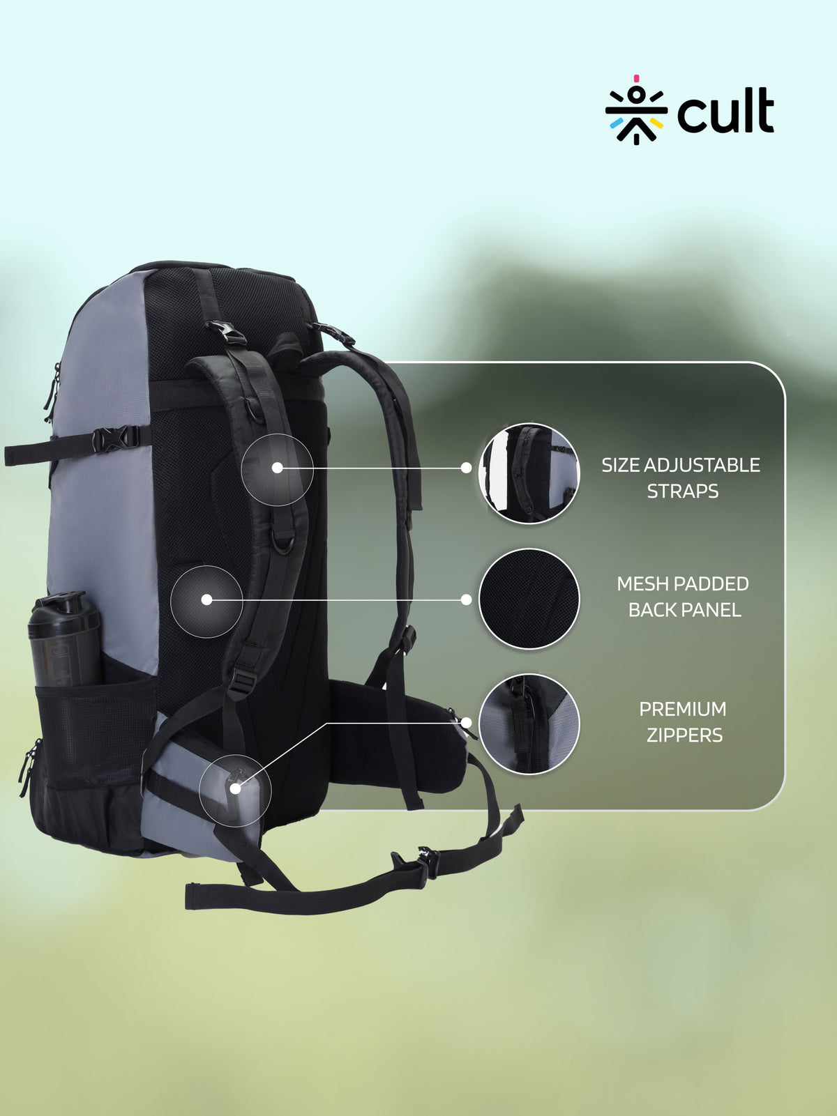 cult 65 Litre Travel Backpack Hiking Trekking Bag Camping Rucksack with Water Proof Rain Cover, Shoe Compartment Grey&nbsp;