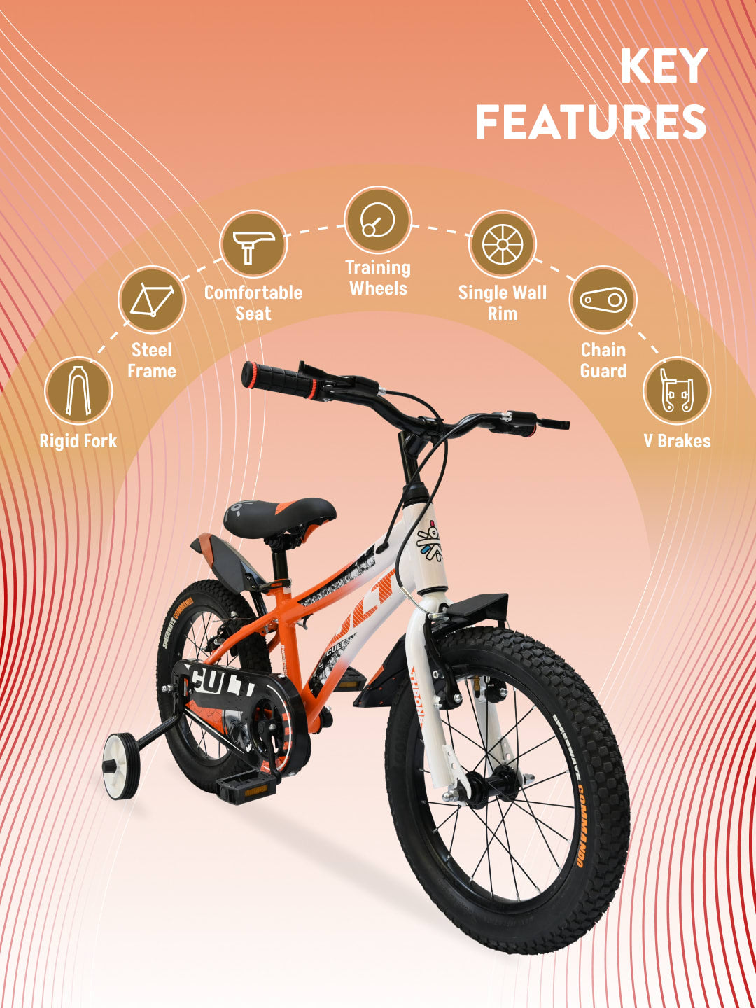 Throne 16T Steel Kids Bike with Rigid Fork, Single Wall Rim, V brakes, Chain Guard and Training Wheel, Orange White