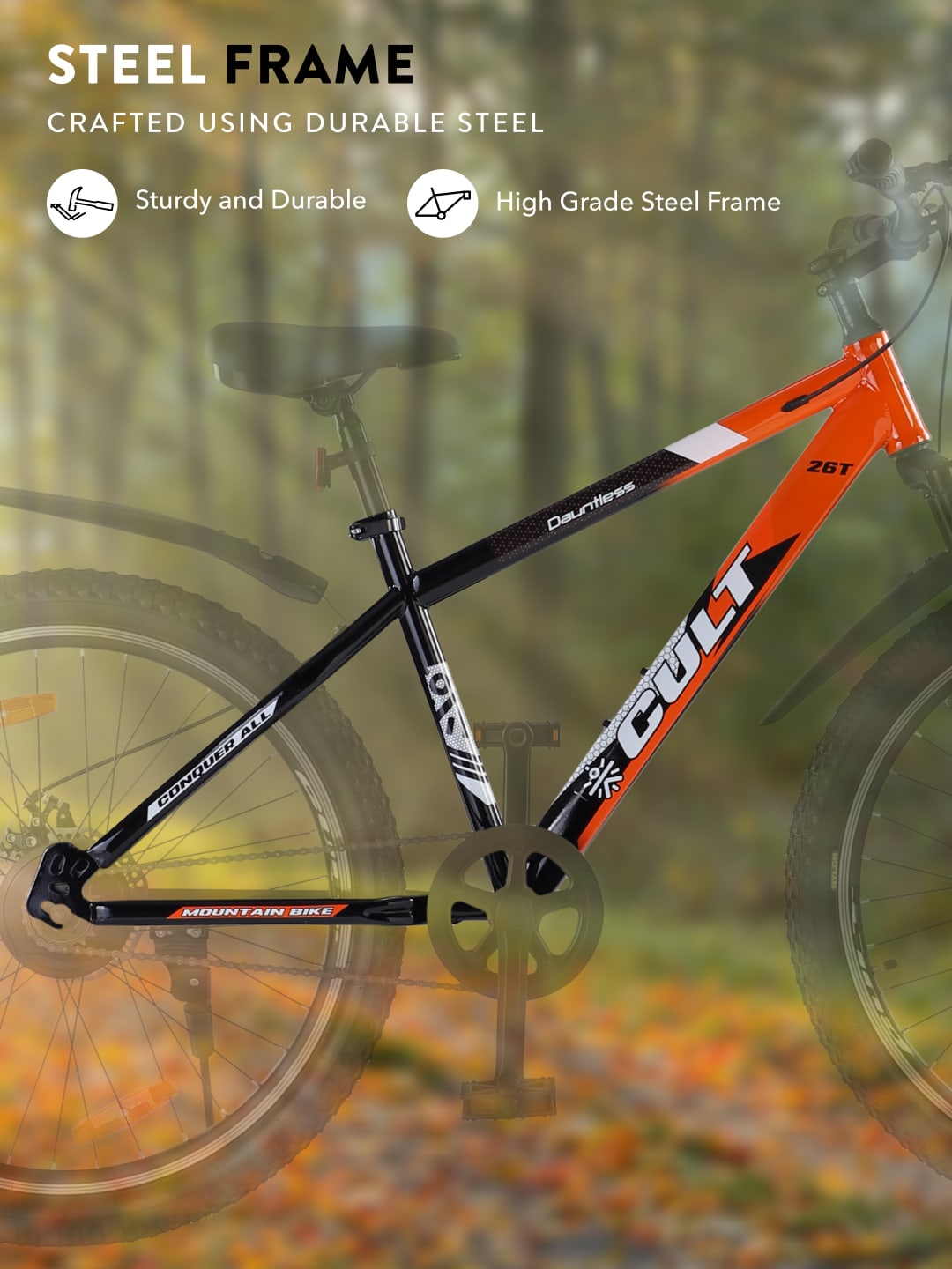 DAUNTLESS26TORANGEBLACK Steel Single Speed 26 inch Mountain Cycle, Dual Disc Brake, Front Suspension, Double Wall Rim