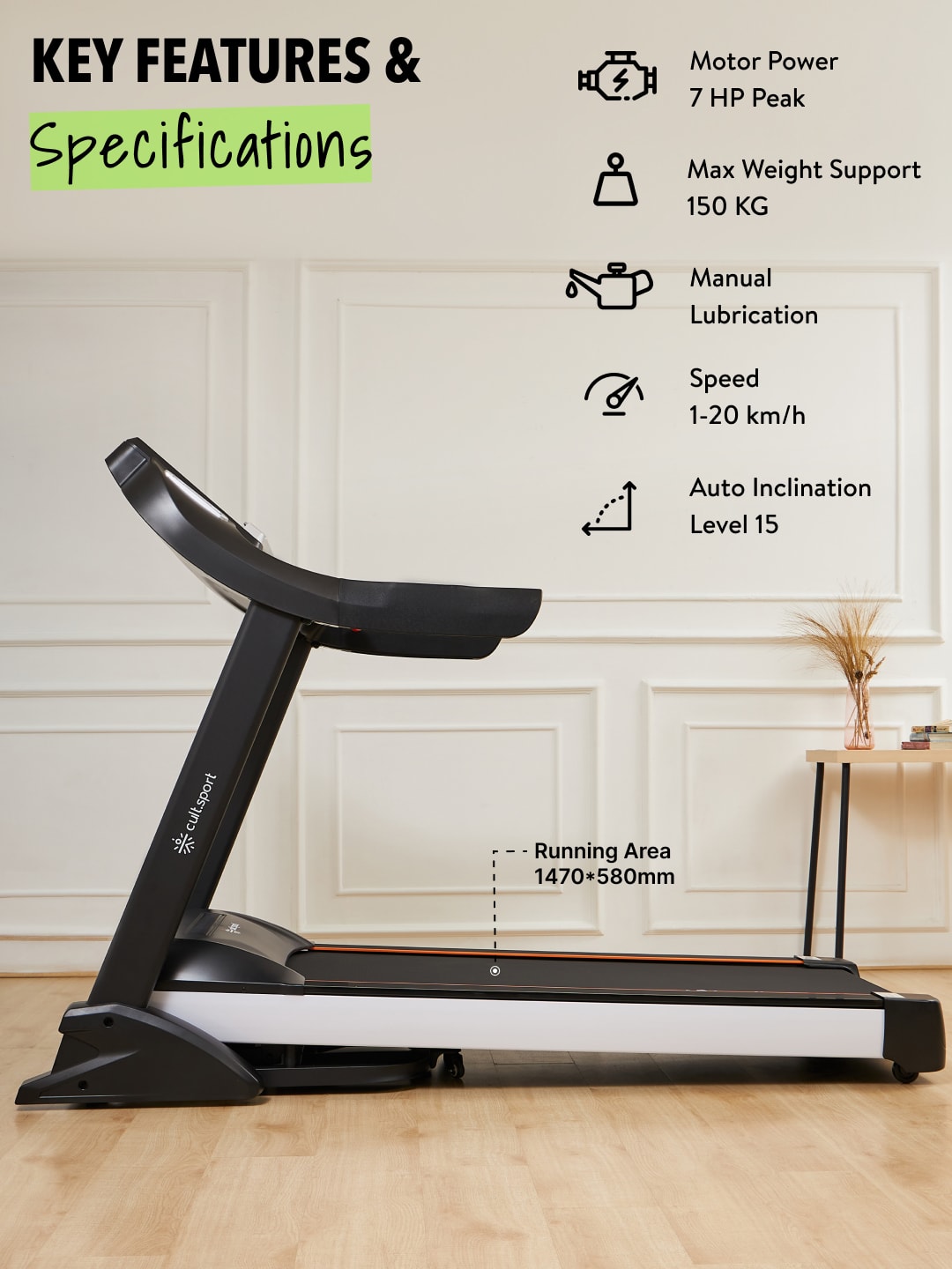 Smartrun Dallas 7 HP Peak Treadmill | 15-level Auto-Incline | Max Weight-150kg | Max Speed-20kmph (with 6 Months Extended Warranty)