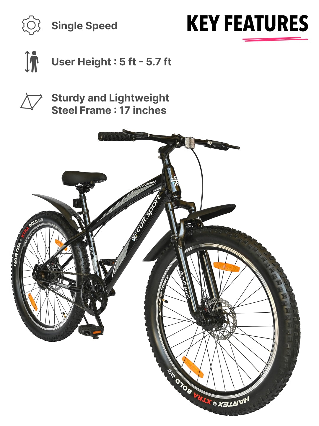 GTX30026TBLACK Steel Single Speed 26 inch Mountain Cycle, Front Suspension and Double Wall Alloy Rim,